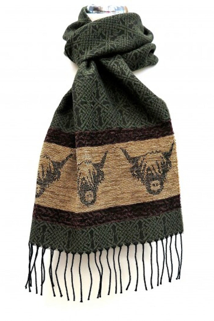 Highland Cow Green Jacquard Wool Scarf