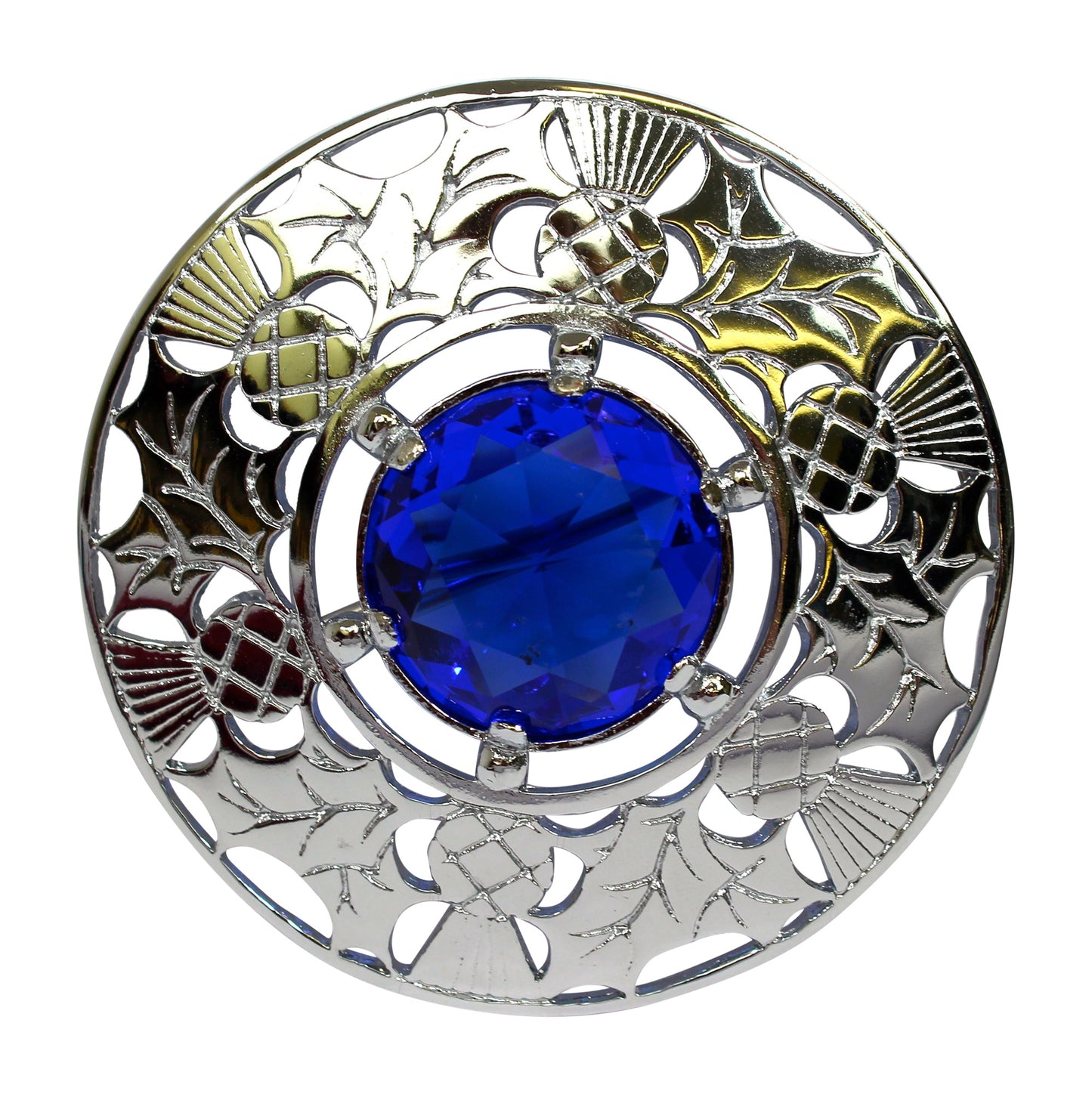 Scottish Thistle Polished Chrome Plaid Sash Brooch inset with Coloured Stone