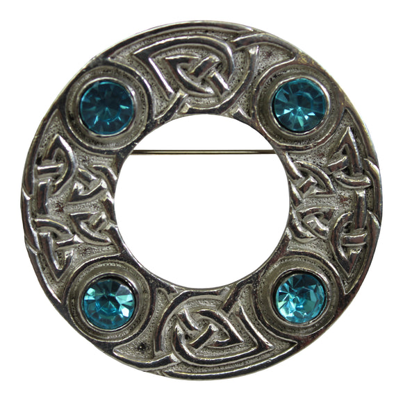 Art Pewter Celtic Interlace Scarf Sash Dance Plaid Brooch With Turquoise Blue Stone Insets