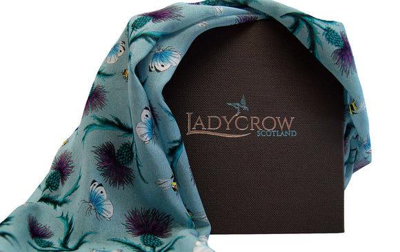 Ladycrow Luxurious Handprinted Silk Chiffon Scarf in Green with Thistles and Bees
