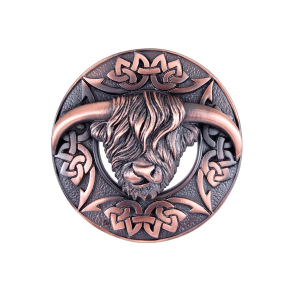 Traditional Scottish Chocolate Bronze Highland Cow Coo Kilt Plaid Shawl Sash Brooch Pin