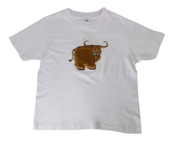 Ramblers Adults White T-Shirt with Fluffy Scottish Highland Cow Coo