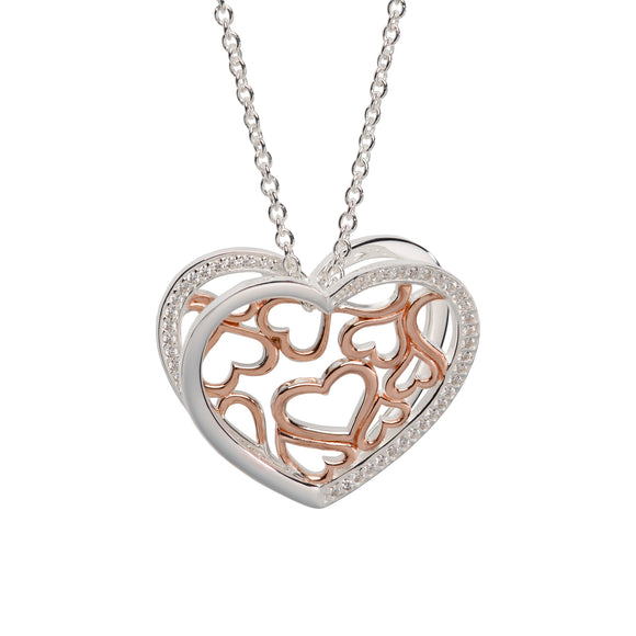 Unique & Co Sterling Silver 3D Love Heart Necklace With Rose Gold Plated Detailing