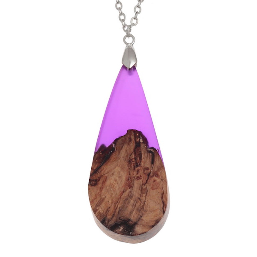 Burr Wood & Purple Resin Tear Drop Necklace