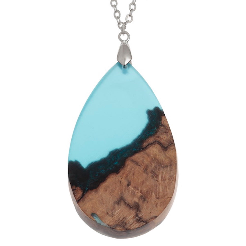 Burr Wood & Blue Resin Tear Drop Necklace