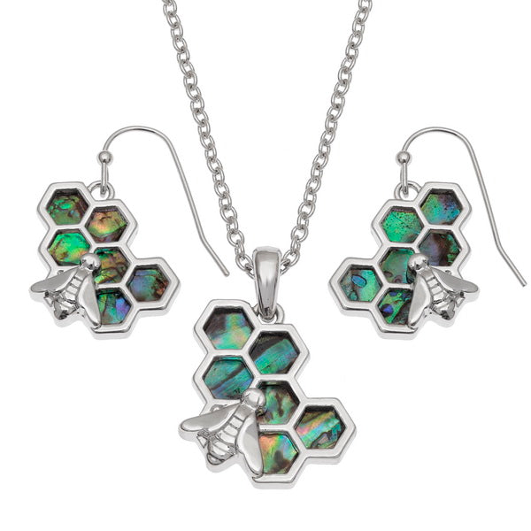 Paua Shell Honeycomb Necklace & Earrings Set