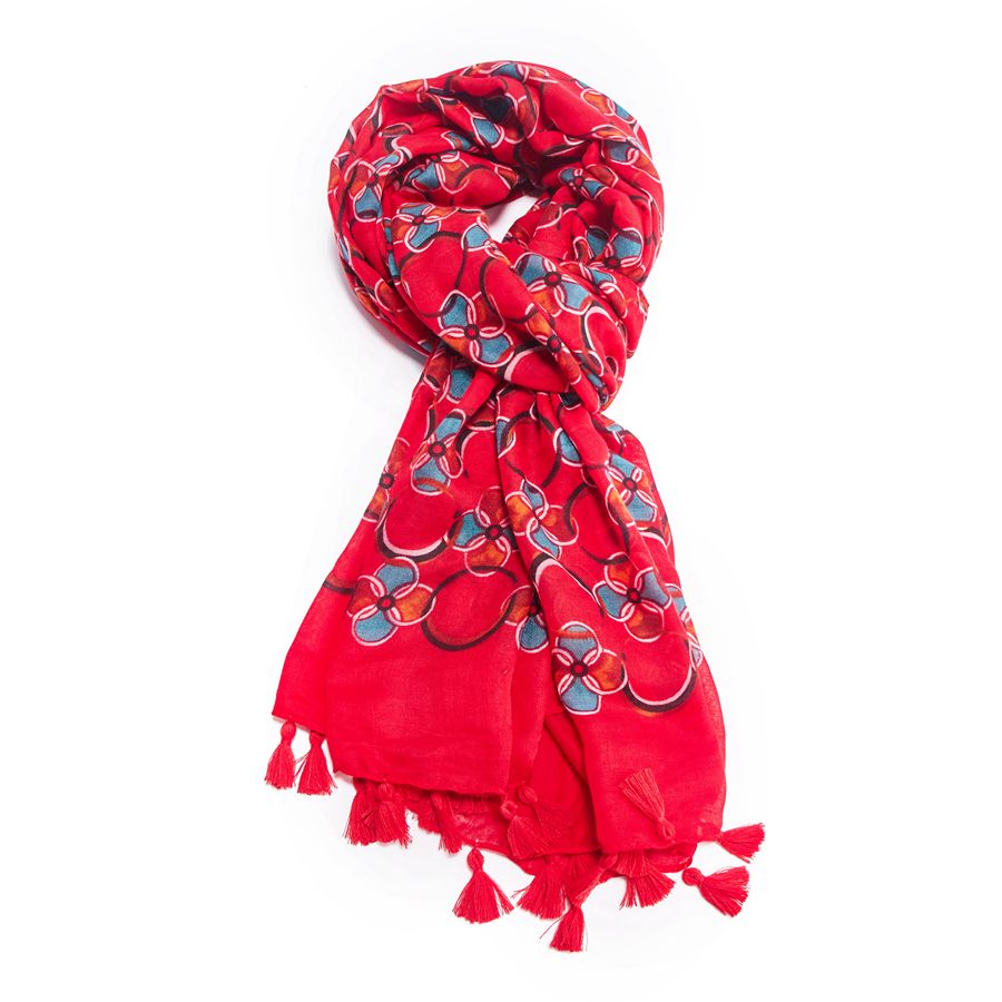 Lightweight Red Fan Tassle Scarf