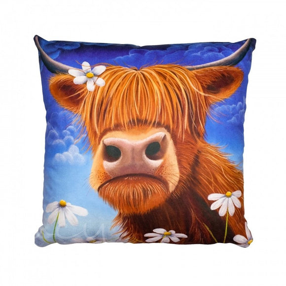 Luxurious Lucy Pittaway Highland Cow Daisy Cushion Faux Suede - 2 Sizes Available