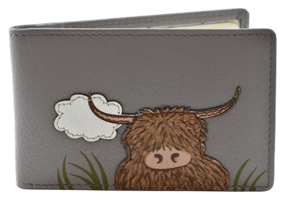 Mala Leather Grey 'Bella' Scottish Highland Cow Coo  ID / Card Holder Wallet - RFID Protected