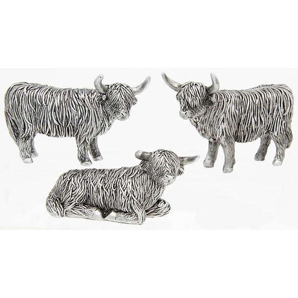 Mini Silver Standing Lying Highland Cow Coo Ornament Figurine