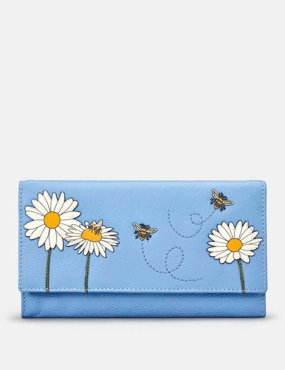 Yoshi Blue Leather Flap Over Buzzy Bumble Bee Ladies Purse Wallet
