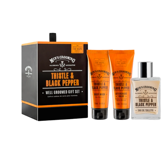 Scottish Fine Men's Grooming Thistle & Black Pepper Well Groomed Gift Set, Aftershave, Balm And Bodywash