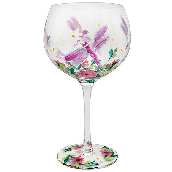 Lynsey Johnstone Hand Painted Pink Wildflower and Dragonfly Gin Glass