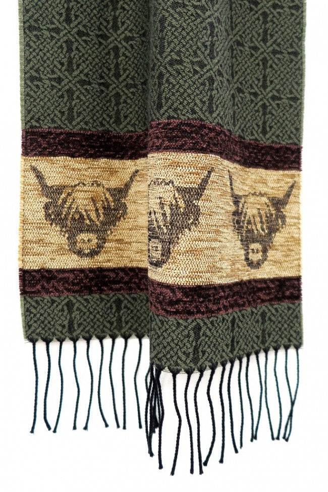 Highland Cow Green Jacquard Wool Scarf