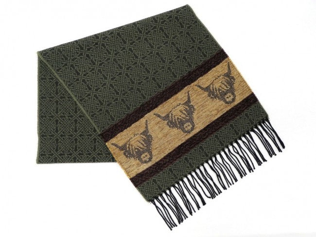 Highland Cow Green Jacquard Wool Scarf