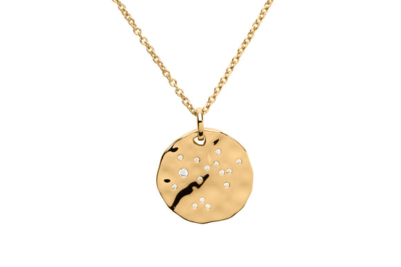 Unique & Co Hammered 18 Carat Gold & Cubic Zirconia Zodiac Constellation Sagittarius Birthday Necklace Pendant