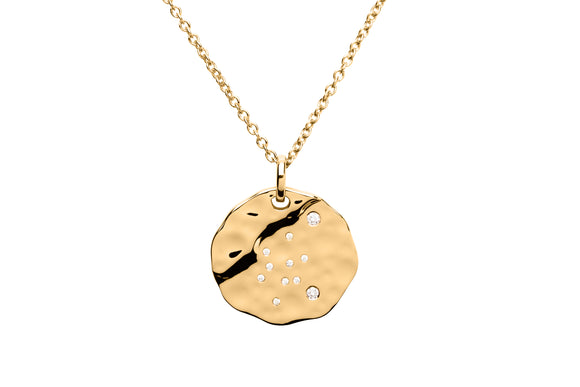Unique & Co Hammered 18 Carat Gold & Cubic Zirconia Zodiac Constellation Aquarius Birthday Necklace Pendant