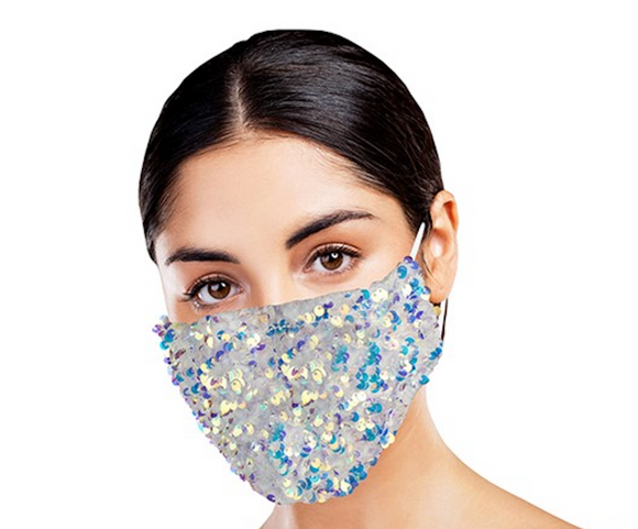 Snoozies! White Sequin Dazzle Adult Adjustable Washable Reusable Face Mask Covering