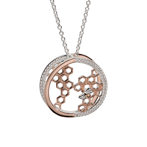 Unique & Co Sterling Silver & Rose Gold Plated Round 3D Buzzy Bumble Bee Honeycomb Necklace Pendant