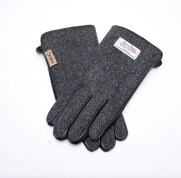 Snowpaw Mens Cosy Black-Grey Harris Tweed Herringbone Gloves