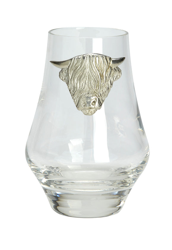 Whisky Nosing Tasting Glass With Scottish Highland Cow Coo Pewter Detail