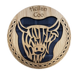 Handmade Scottish Wooden Tartan "Heilan Coo" Highland Cow Circle Coaster - 3 Tartans Available