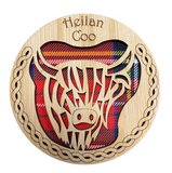 Handmade Scottish Wooden Tartan "Heilan Coo" Highland Cow Circle Coaster - 3 Tartans Available