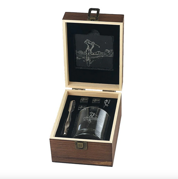 Stunning Wooden Boxed Golfer's Drinks Set - Coaster, Glass, Tongs, Ice Stones
