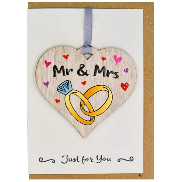 Lovely Mr & Mrs Wedding Celebration Card With Wooden Hanger Gift Keepsake