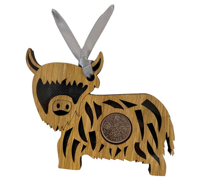 Highland Cow Lucky Sixpence - 3 Tartans