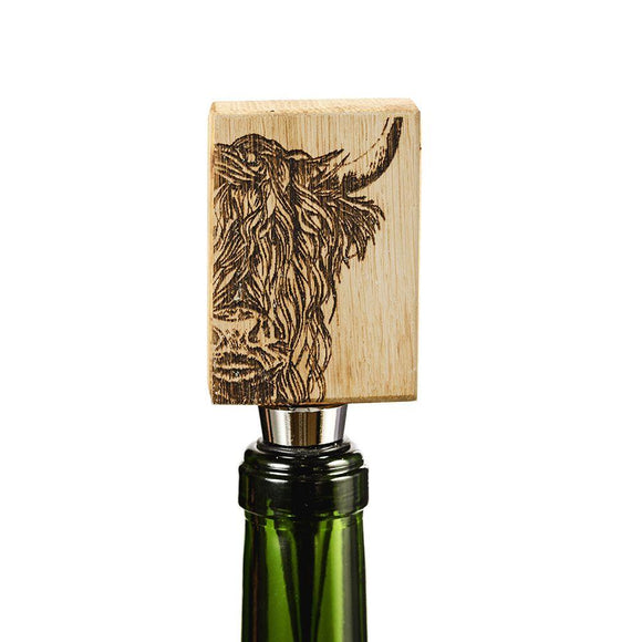 Stunning Scottish Engraved Oak Stainless Steel Bottle Stopper - Highland Cow