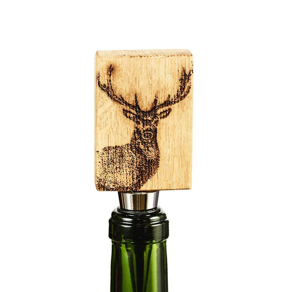 Stunning Scottish Engraved Oak Stainless Steel Bottle Stopper - Monarch Stag