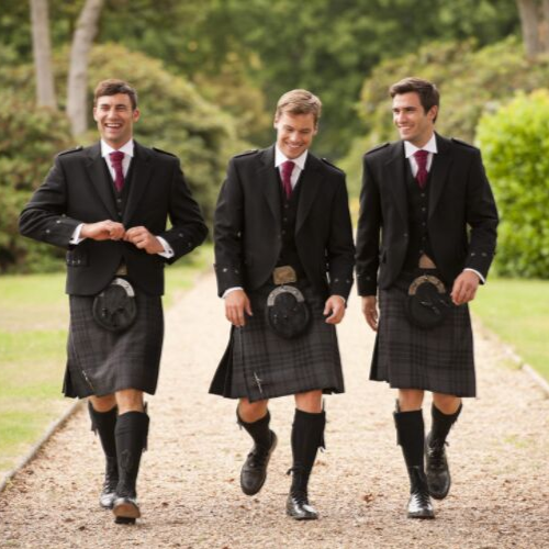 Custom Made Highland wear outfits including kilts and jackets worn by men