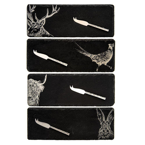 Stunning Set Of 4 Individual Slate Cheese Board Sets With Country Animal Design