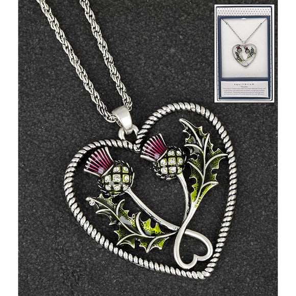 Ladies Vibrant Green & Purple Thistle Heart Long Pendant Necklace