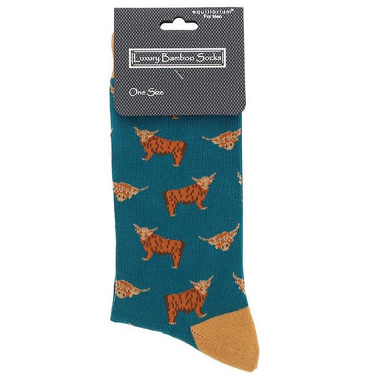 Men's Teal Highland Cow Bamboo Socks