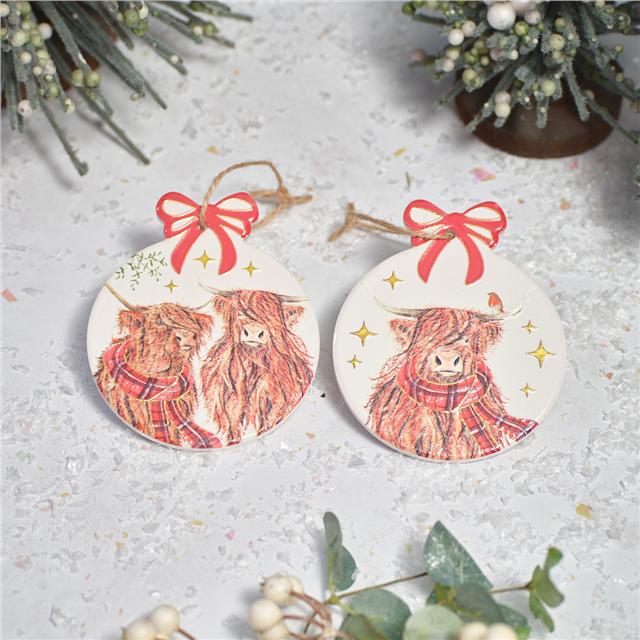 Festive Highland Cow With Tartan Scarf Tree Hanger - 2 Designs Available