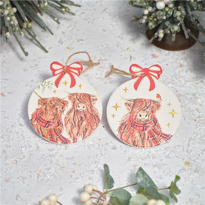 Festive Highland Cow With Tartan Scarf Tree Hanger - 2 Designs Available