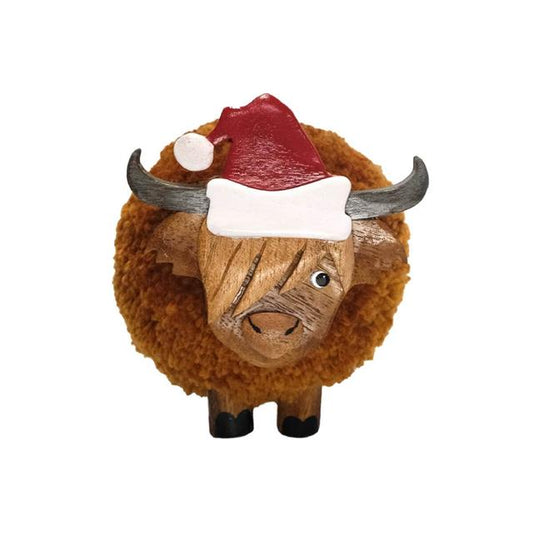 Pom Pom Highland Cow With Christmas Hat Ornament