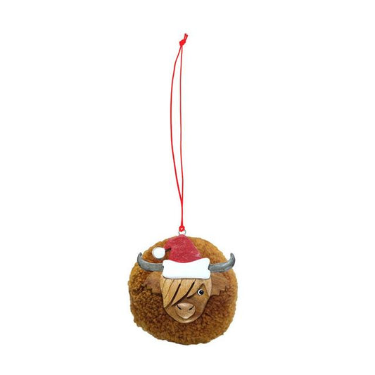 Pom Pom Highland Cow With Christmas Hat Ornament