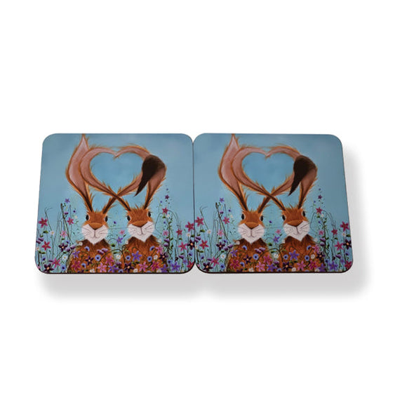 Lovely Blue Hares In Love Set Of 6 Coasters Table Mats