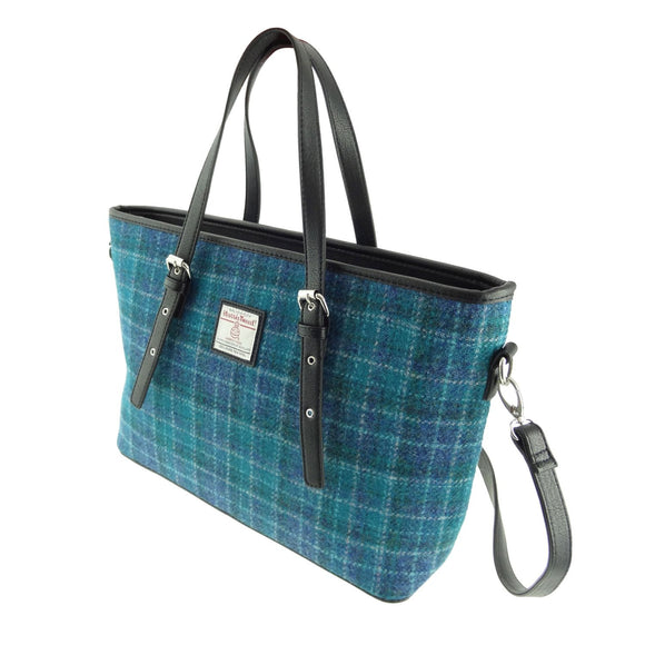 Harris Tweed Sea Blue Check Ladies Tote Grab Handbag