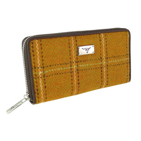 Mustard Yellow Tartan Check Harris Tweed Ladies Staffa Zip Round Purse Wallet