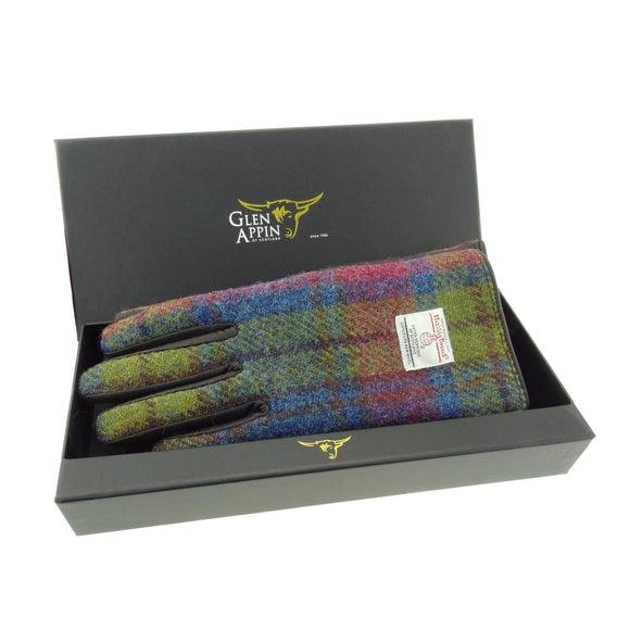 Ladies 100% Blue Pink Green Harris Tweed Traditional & Brown Leather Gloves - Gift Boxed