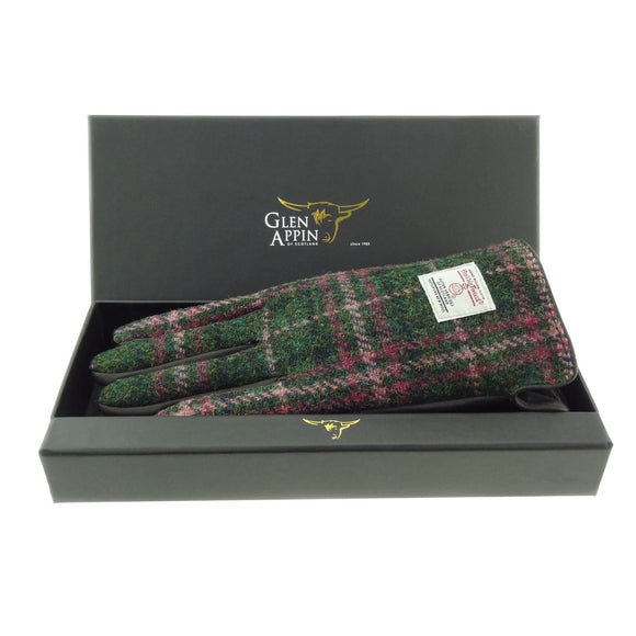 Ladies 100% Green Pink Harris Tweed Traditional & Brown Leather Gloves - Gift Boxed