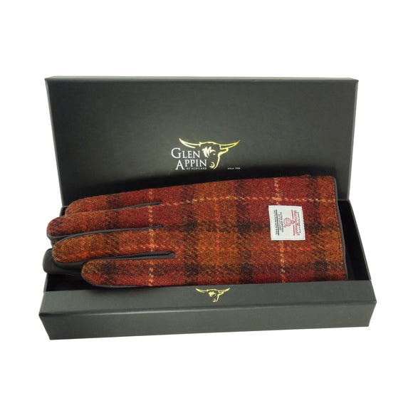 Ladies 100% Burnt Orange Harris Tweed Traditional & Brown Leather Gloves - Gift Boxed