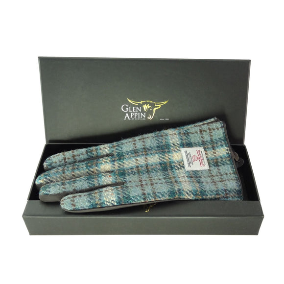 Ladies 100% Duck Egg Blue Harris Tweed Traditional & Brown Leather Gloves - Gift Boxed