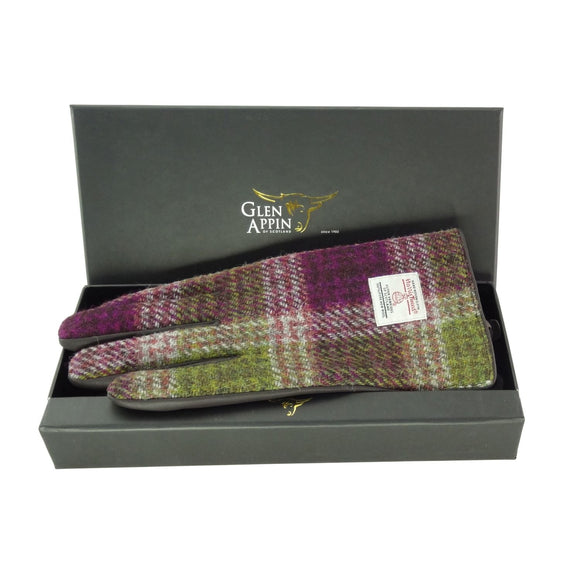 Ladies 100% Harris Tweed Heather Purple Green Traditional & Brown Leather Gloves - Gift Boxed