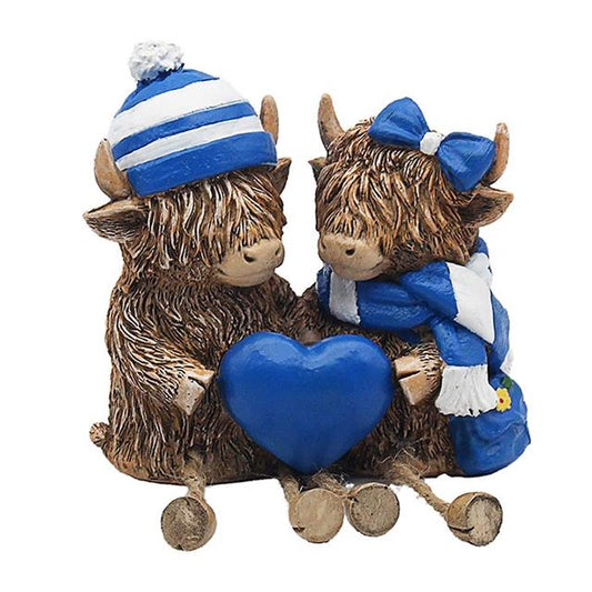 Blue And White Highland Cow Couple Dangly Legs