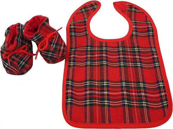 Super Cute Baby Bib & Booties Set In Red Royal Stewart Tartan - Multiple Sizes Available